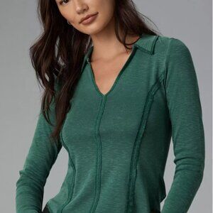 Pilcro Anthropologie Burnout Stitched Long-Sleeve Top Bright Green Polo Sz Large
